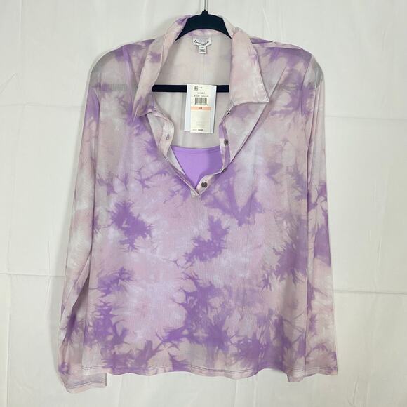 Love Fire 2X Purple Tie Dye Sheer Mesh Polo Blouse w/ Cami Layered Y2K Trendy - Picture 13 of 16